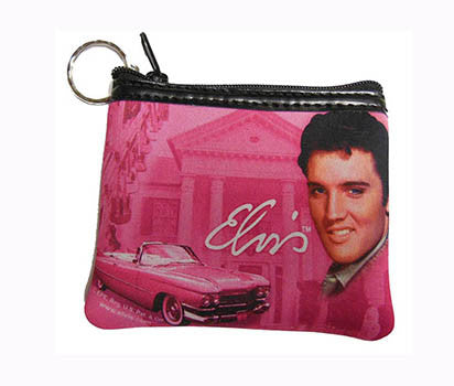 [E8483] Elvis Key Chain/Coin Purse - Pink With Guitars