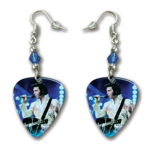 [E9053] Elvis Earrings Guitar Pick - Blue With White Jump Suit